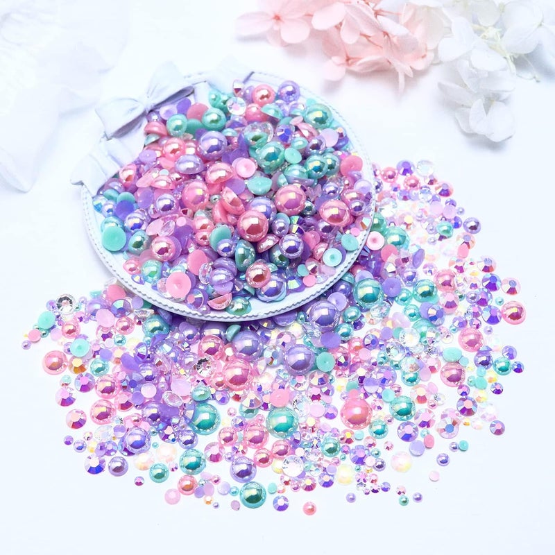 Towenm 60g Mix Pearls and Half Pearls for Crafts, Tumblers, Shoes, Face Nail Art, 2mm-10mm Mix Pearl Rhinestones for Bedazzling, Pink|Purple|Aquamarine - Image 3